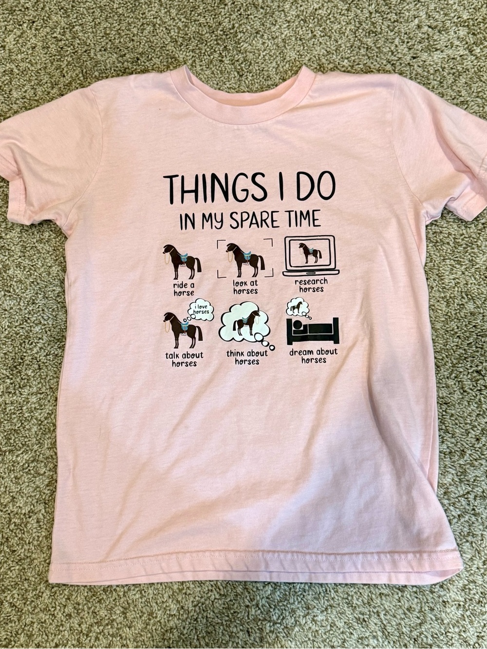 Girls Equestrian Pink "Things I Do In My Spare Time" Horse Graphic Tee Small